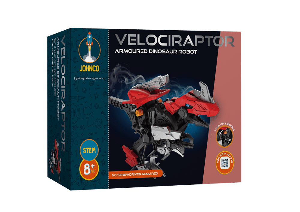 Boxed armored dinosaur robot with red, white, and black raptor figure