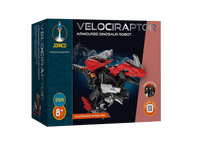 Boxed armored dinosaur robot with red, white, and black raptor figure
