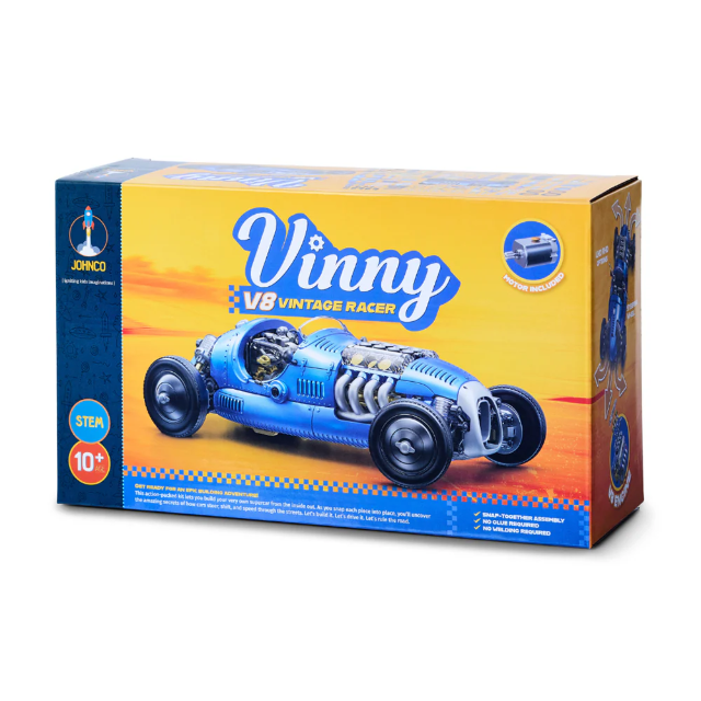 Toy racer model kit box with blue engine vehicle illustration