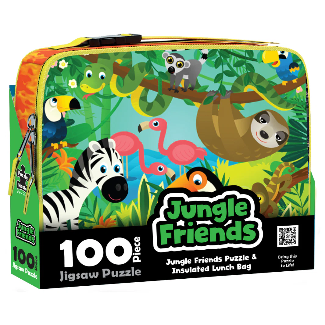Jungle Friends insulated lunch bag cooler with jungle animal print and 100-piece puzzle