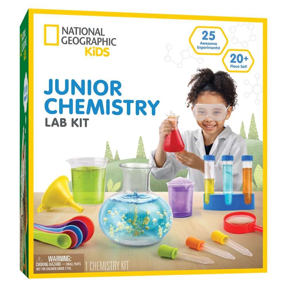 National Geographic Kids Junior Chemistry Lab Kit box featuring a child holding a red beaker