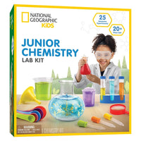 National Geographic Kids Junior Chemistry Lab Kit box featuring a child holding a red beaker