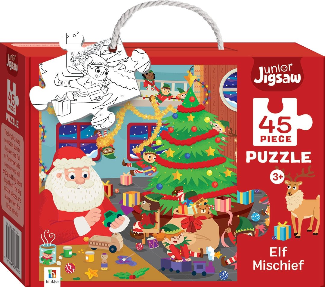 Junior Jigsaw 45-piece elf puzzle box, red packaging with tree and gifts