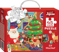 Junior Jigsaw 45-piece elf puzzle box, red packaging with tree and gifts