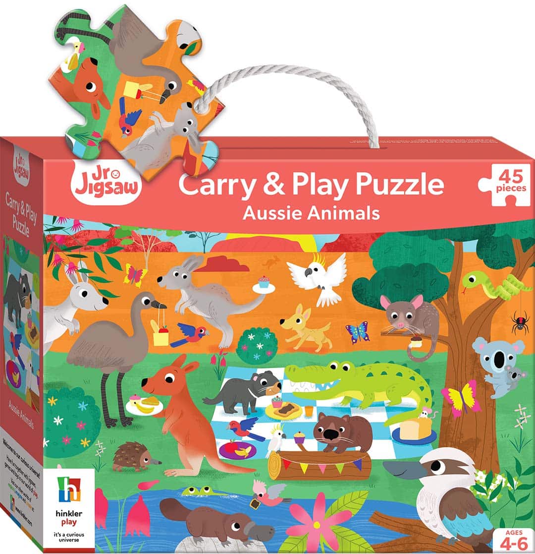 Carry & Play jigsaw puzzle box with Aussie animals art and 45 pieces, carry handle