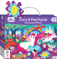 Carry & Play jigsaw puzzle box, colorful fantasy animals and castle scene, 45 pieces