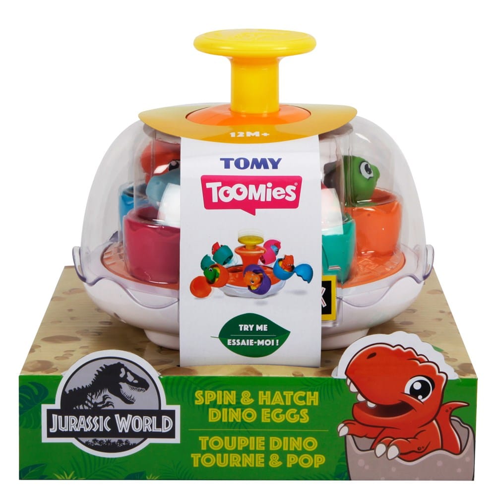 TOMY Spin & Hatch Dino Eggs toy with dinosaur egg hatching pieces and packaging
