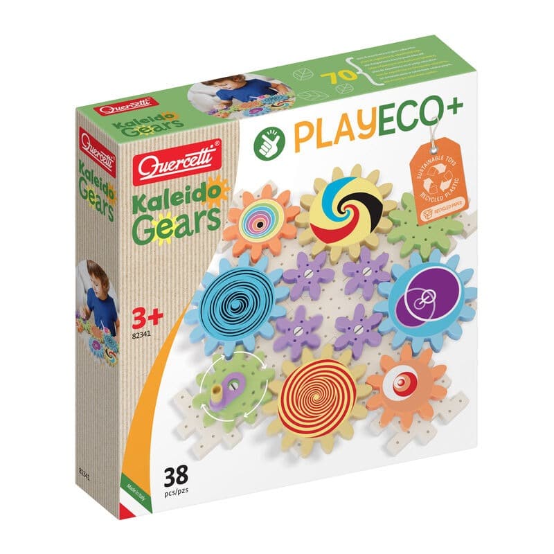 Kaleido Gears Play Eco Quercetti toy construction kit box, colorful gear pieces