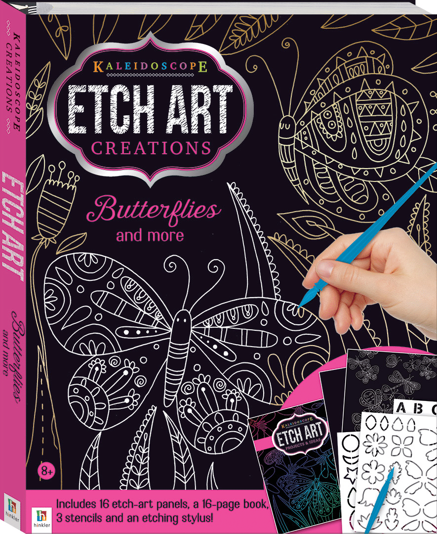Etch art creations kit box with butterfly line art, purple logo, and etching tool