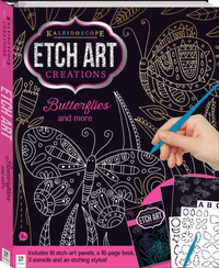 Etch art creations kit box with butterfly line art, purple logo, and etching tool