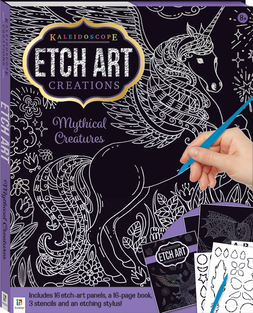 Etch art kit box showing mythical creature designs and blue stylus held by hand