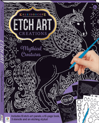 Etch art kit box showing mythical creature designs and blue stylus held by hand