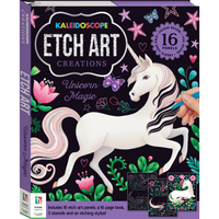 Unicorn etch art kit box with white unicorn, stars, hearts, and flowers on dark background
