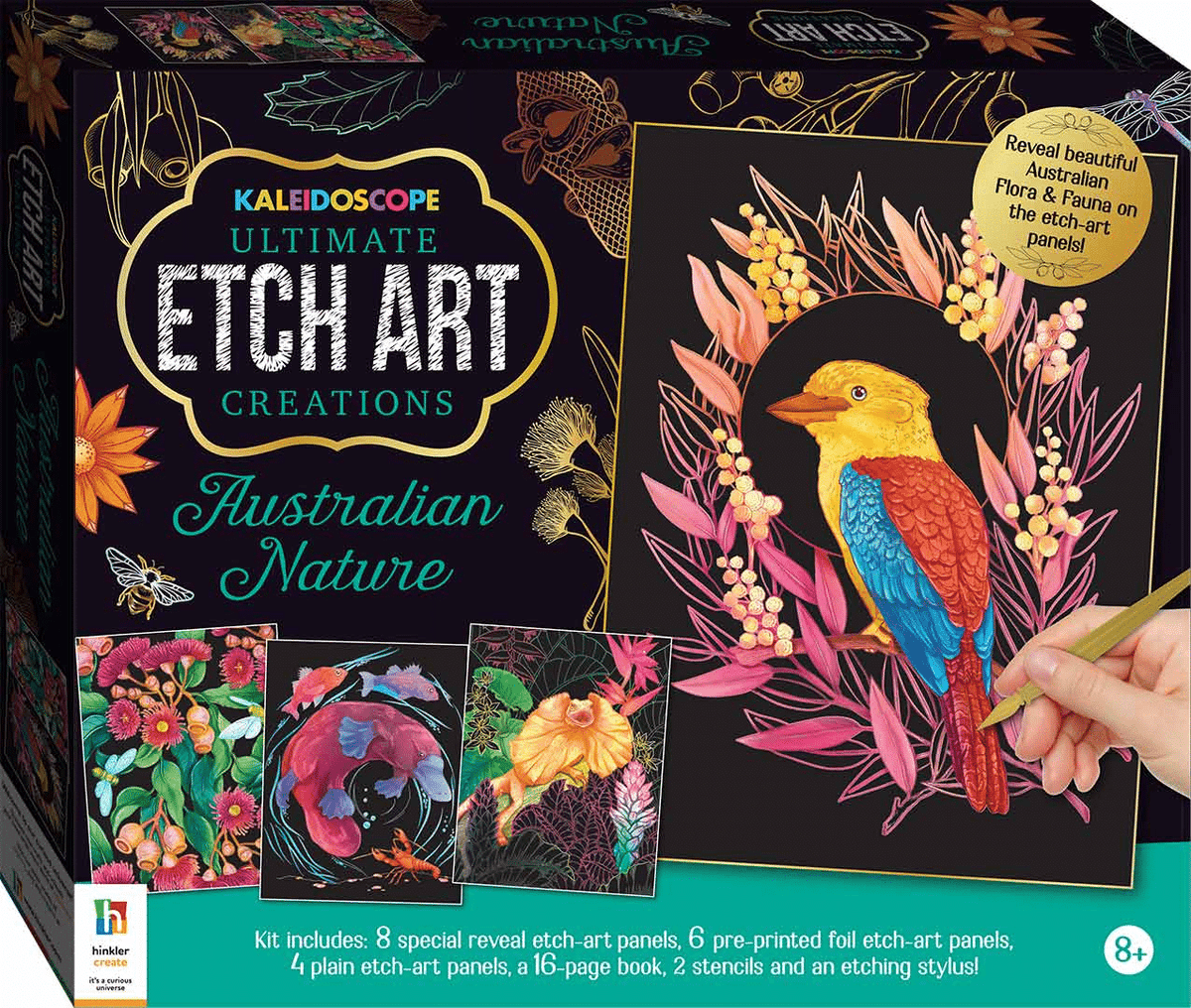 Australian nature etch art kit box with colorful bird and flower illustrations