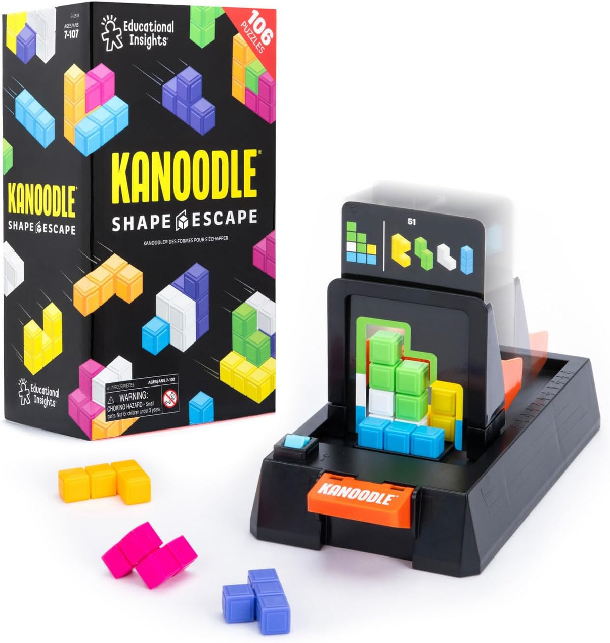 Kanoodle Shape Escape puzzle box and black timer wall with colored cube pieces