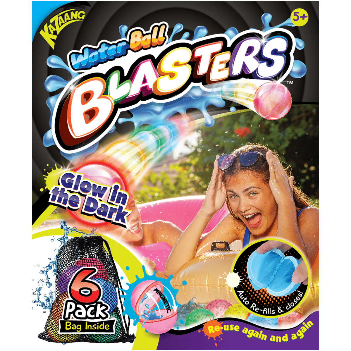 Water Ball Blasters 6-pack toy launcher set in glow-in-the-dark blister packaging