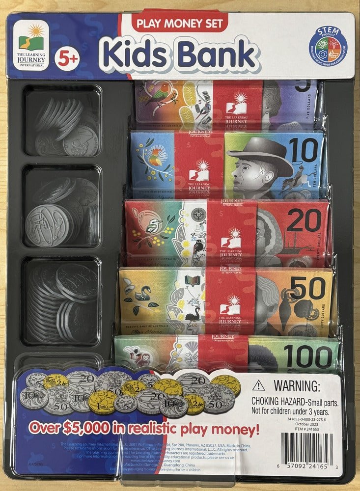 Kids Bank play money set in a retail box with play bills and coins