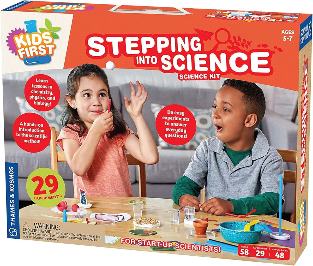 Kids science kit box front with two children and experiment highlights