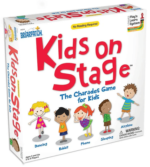 Kids on Stage charades game box with kids, title text, and icons