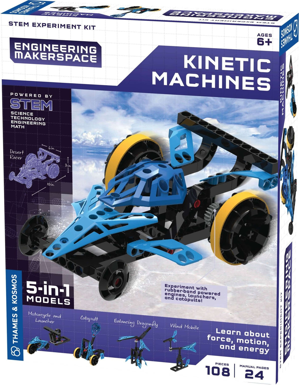 STEM experiment kit box with blue-and-black kinetic machine model
