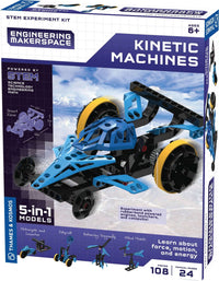 STEM experiment kit box with blue-and-black kinetic machine model