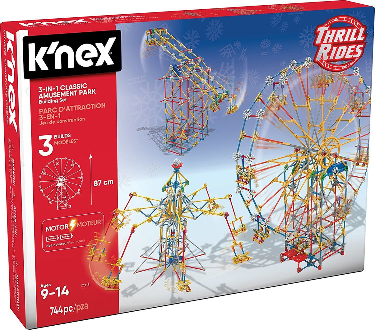 K'NEX 3-in-1 amusement park building set box, colorful wheel model artwork