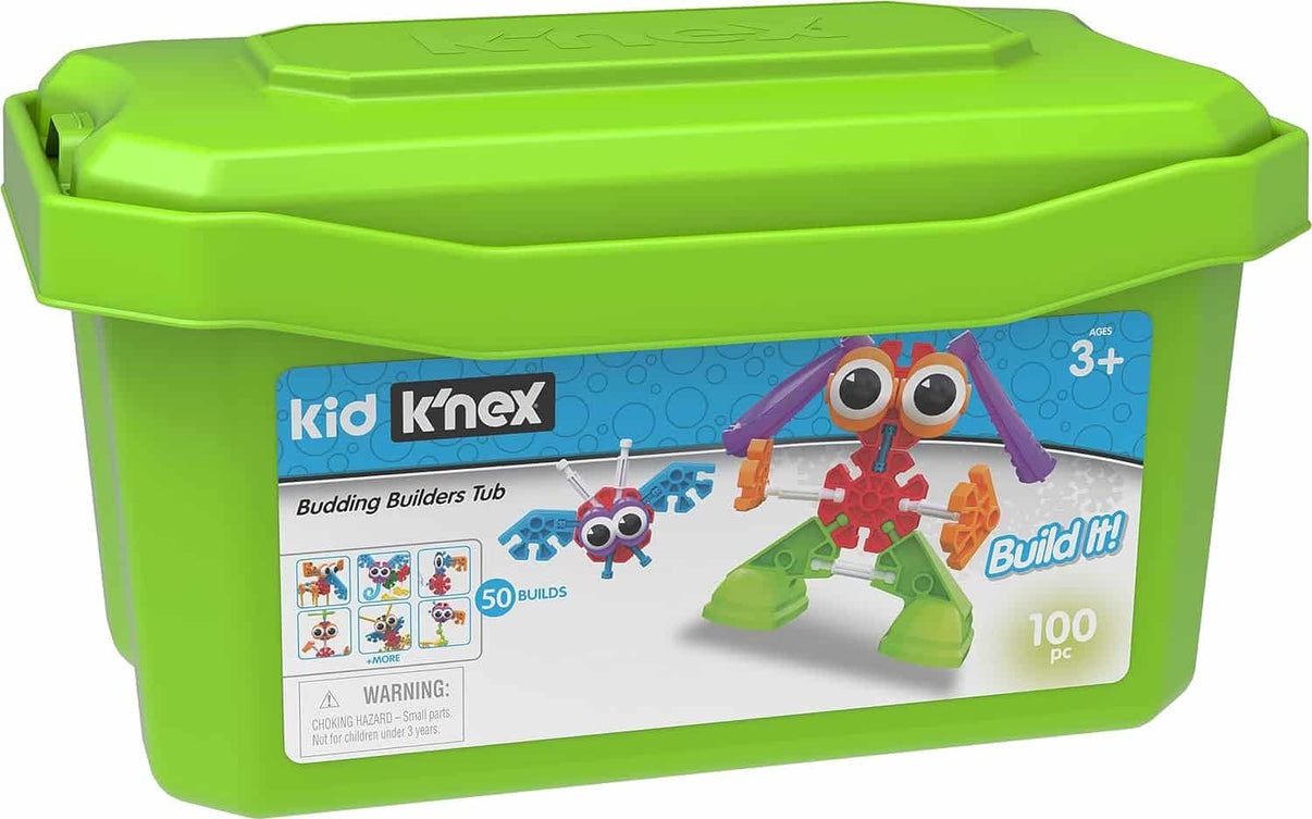 Green plastic building tub with Kid K'NEX “100 pc” front label