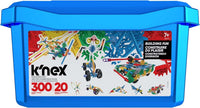 K'nex building set tub with lid and front label, showing assorted colorful model parts