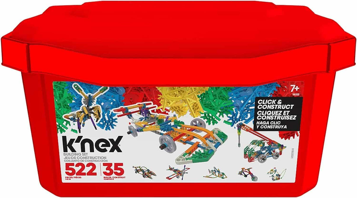 Red K'NEX Click & Construct building tub with 522 pieces and 35 builds on label