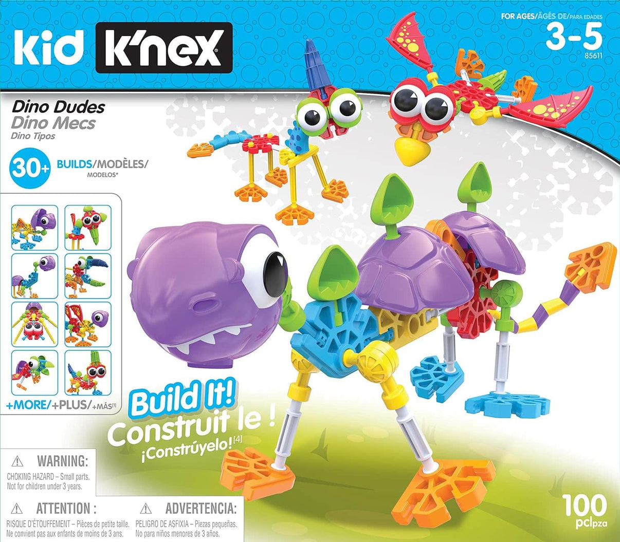 K'NEX dinosaur construction box featuring purple and blue dino models and a 100-piece build.
