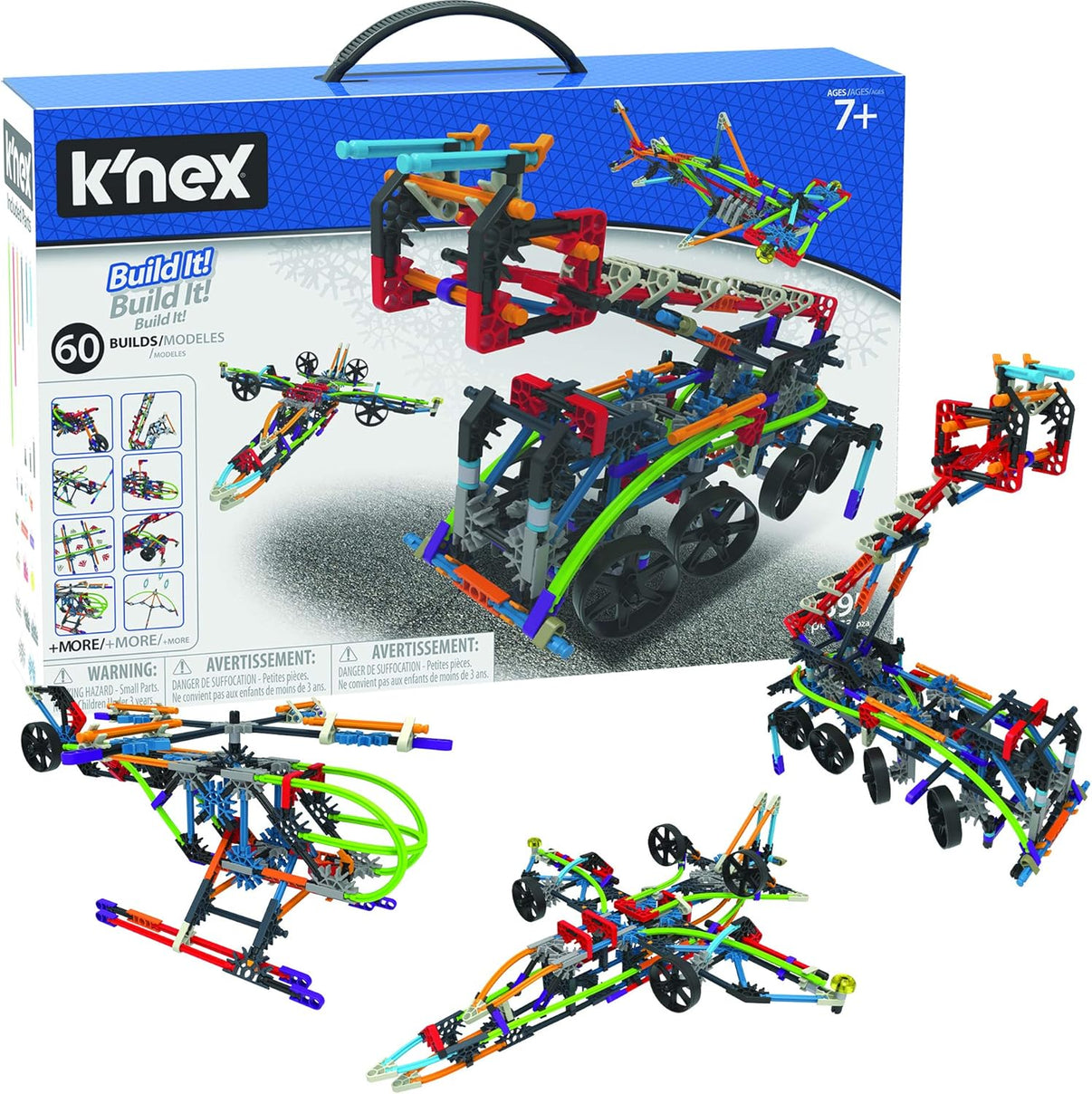 K'nex 60 model building set box with multicolored vehicle builds and pieces
