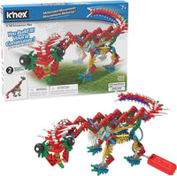 Motorized dinosaur building set with red, green, blue, and white parts