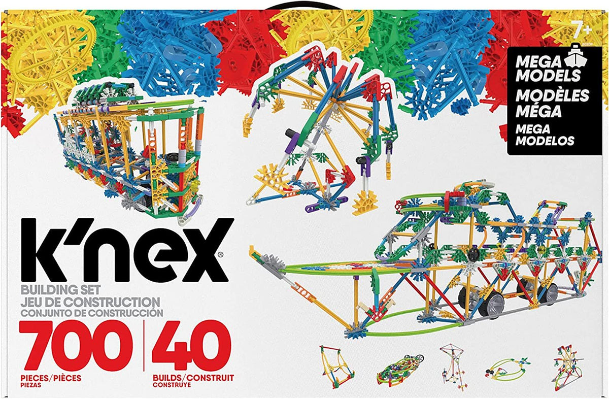 Knex building set box with 700 pieces and 40 builds, multi-color model designs