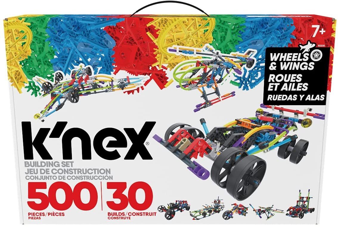 Knex construction set box with multicolor track pieces and wheels