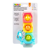 Stackrattle & Roll block set with three colorful rattle blocks in pink, yellow, green, blue.