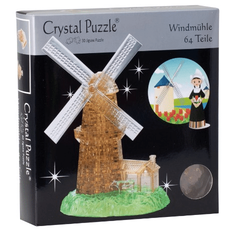 3D crystal windmill puzzle in retail box, brown windmill with cross blades illustration