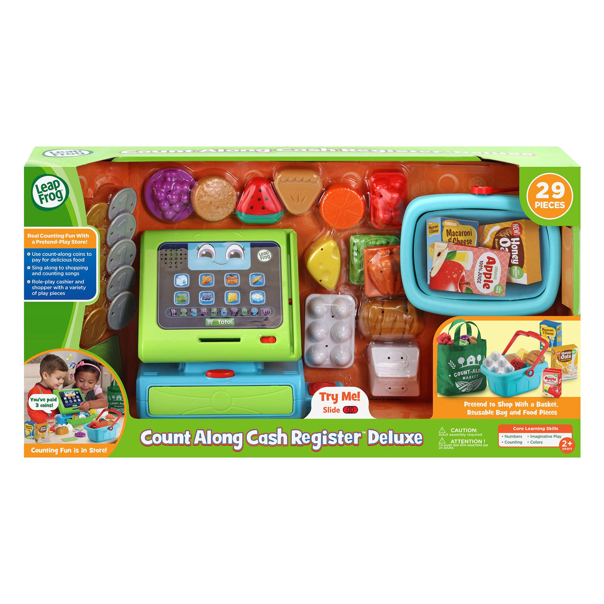 Green toy cash register with touchscreen, deluxe accessories and market bag.
