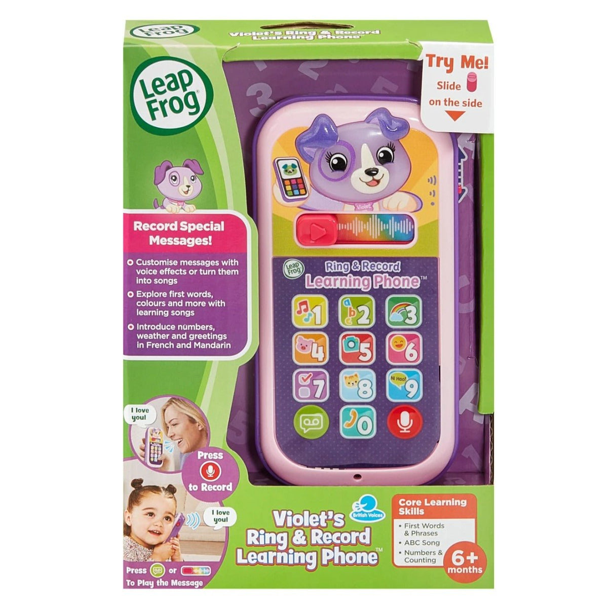 LeapFrog Violet Ring & Record Learning Phone retail box with purple device image
