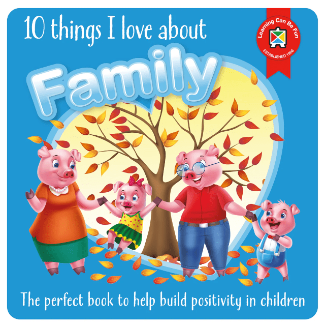Children's family book cover with cartoon pigs and tree illustration, blue background
