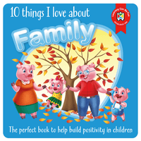 Children's family book cover with cartoon pigs and tree illustration, blue background