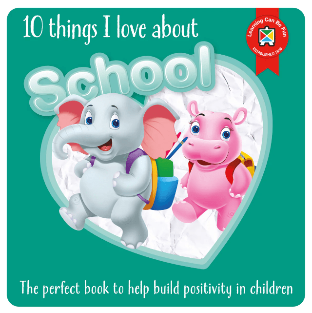 School positivity book cover close-up with elephant and pig in heart frame