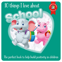 School positivity book cover close-up with elephant and pig in heart frame
