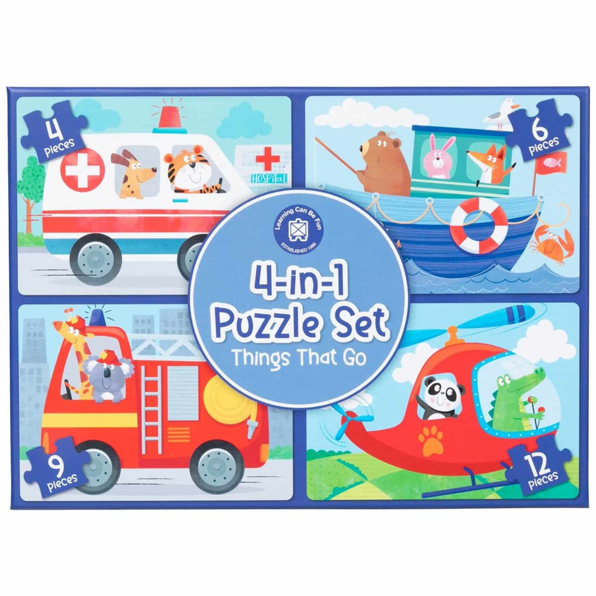4-in-1 puzzle set box art with boats, vehicles, and four colorful scene panels