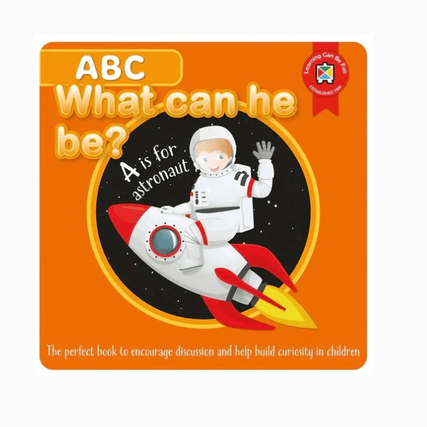 Children's ABC book cover, orange with astronaut on rocket and ABC title.