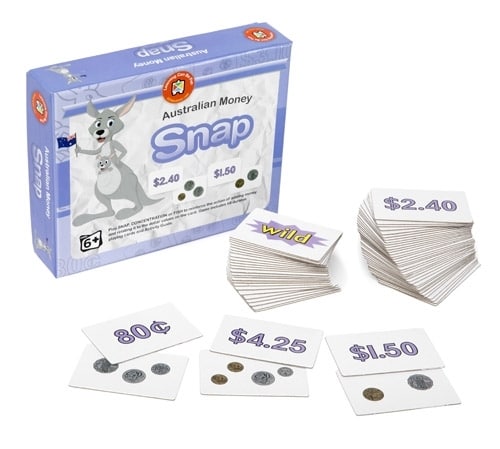 Australian Money Snap card game box with $2.40, $4.25, $1.50 cards and coins