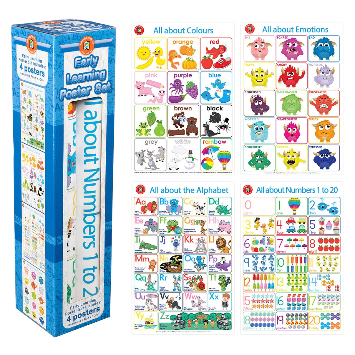 Early learning poster box set with four colorful alphabet, numbers, colors and emotions posters