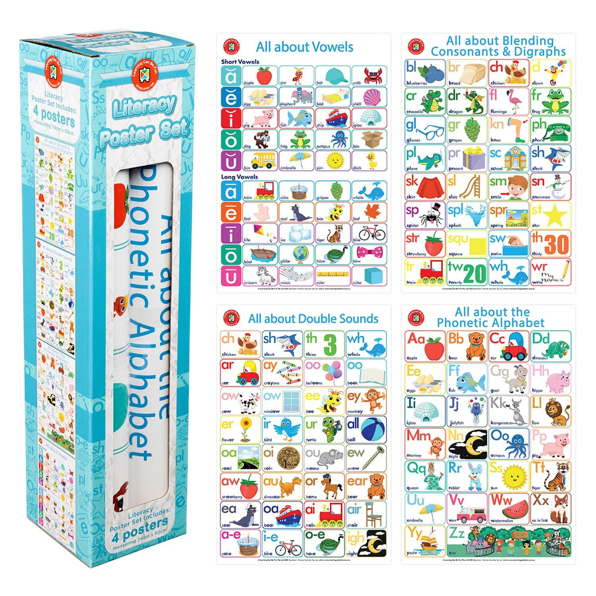 Blue literacy poster box set with four learning posters for vowels, blends, and alphabet