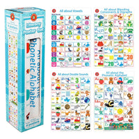 Blue literacy poster box set with four learning posters for vowels, blends, and alphabet