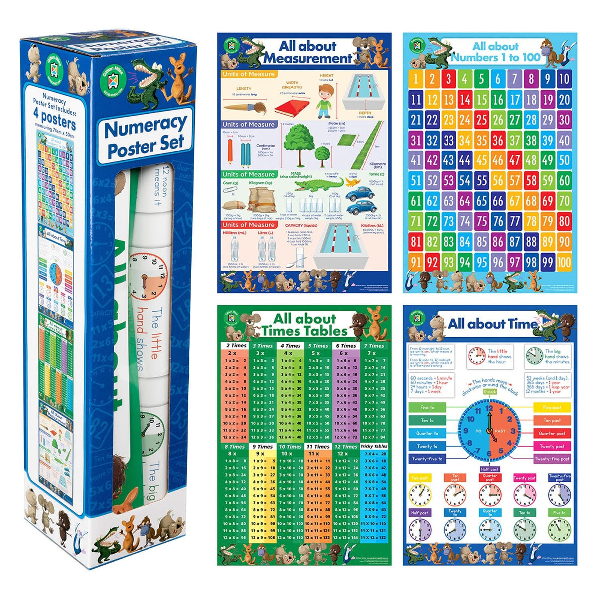 Numeracy poster set in blue display box with four educational number charts