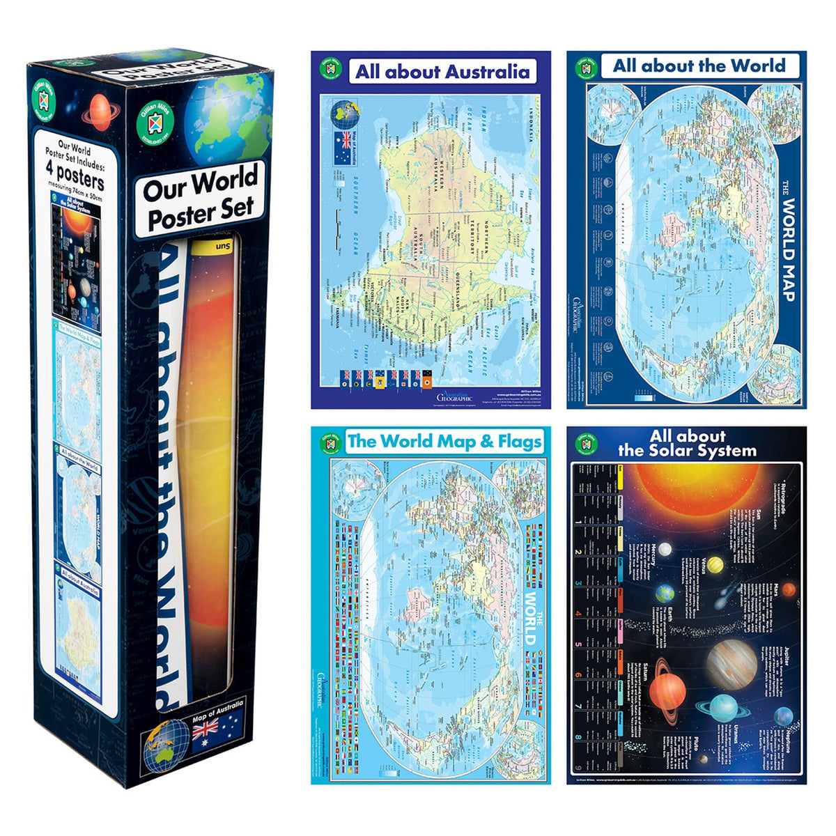 World learning poster box set with four map-themed posters and a blue packaging box